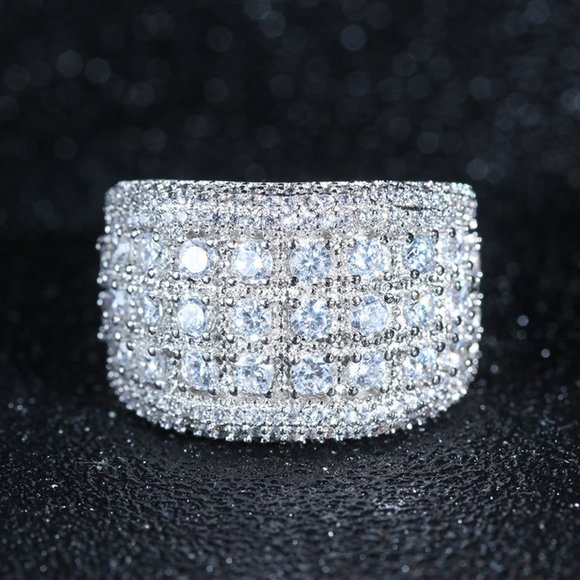 *NEW Silver Round Diamond Pave Wide Band Ring - Picture 5 of 9
